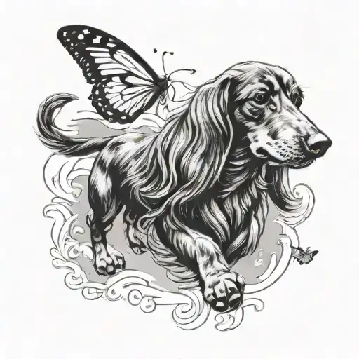 Long Haired Daschund Dog Chasing A Buterfly