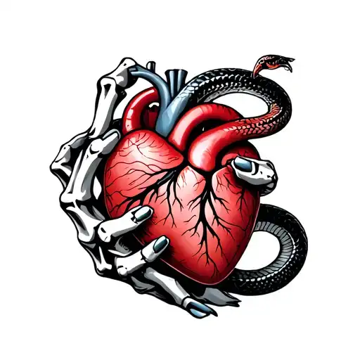 Skeleton Hand Holding Human Heart With Snake Wrapped Around