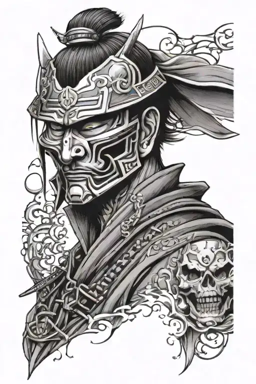 Samurai With Broken Mask And A Skull Behind The Mask