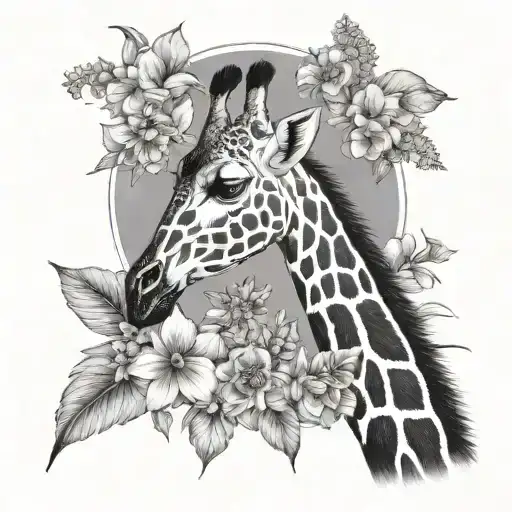 Giraffe Silhouette Surrounded By Flowers And One Feather Intertwined