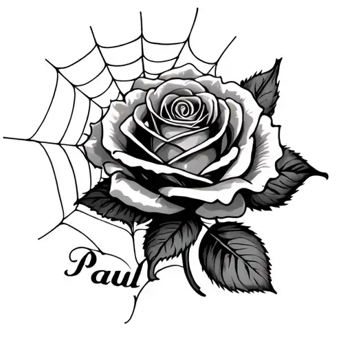 Rose Tatoo With Spider Webs And The Name Paul