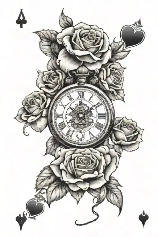 Pocket Watch And Rose And Carnation And Playing Cards