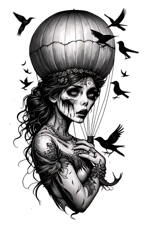 Female Zombie Sleeve Tattoo Featuring 5 Birds And A Hot Air Balloon