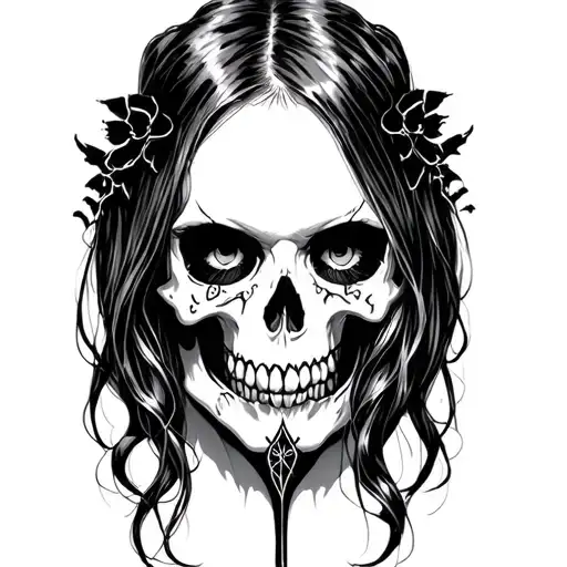 Goth Girl Face With Exposed Skull Tattoo On The Contours