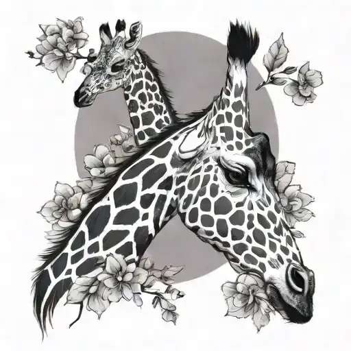 Giraffe Silhouette Surrounded By Flowers And One Feather Intertwined