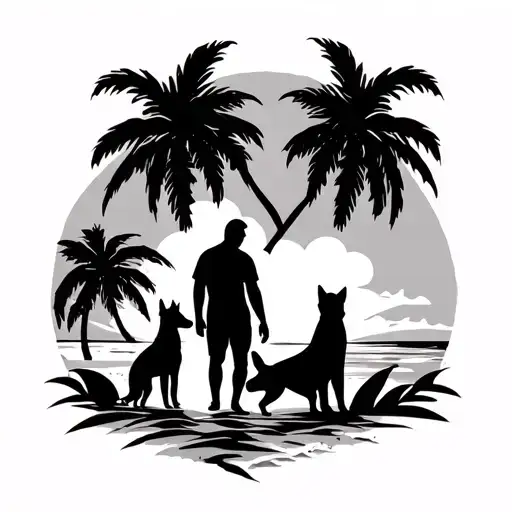 Palms And Beach With A Woman And A Man And A Kid And A Husky Silhouette