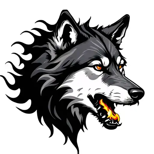 Wolf Design In Profile With Flames In The Eyes And Mouth