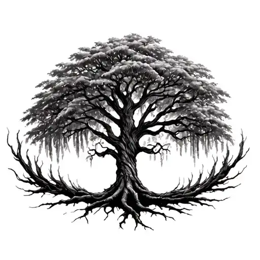 A Willow Tree With Seven Roots That Form A Circle Around The Tree