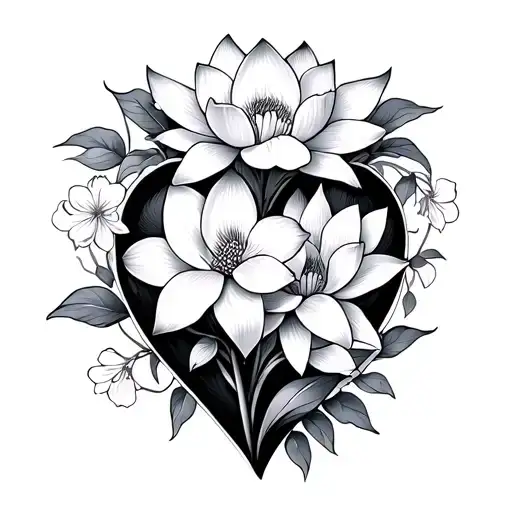 Iris Flowers And Lotus Flower Around Heart With Cherry Blossoms