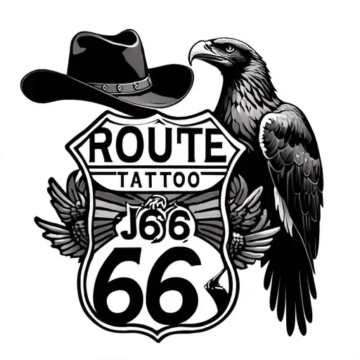 Route 66 Panel With A Cowboy Hat On The Left Side And An Eagle On The Right Side