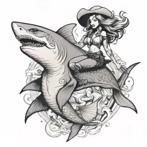 Cowgirl Mermaid Riding Shark