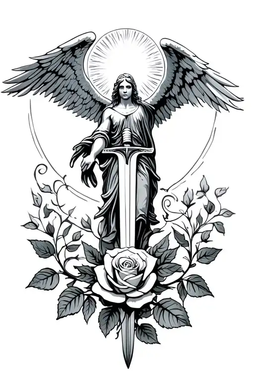 The Rose Growing Its Leaves To A Angel Holding A Sword Toward The Sun