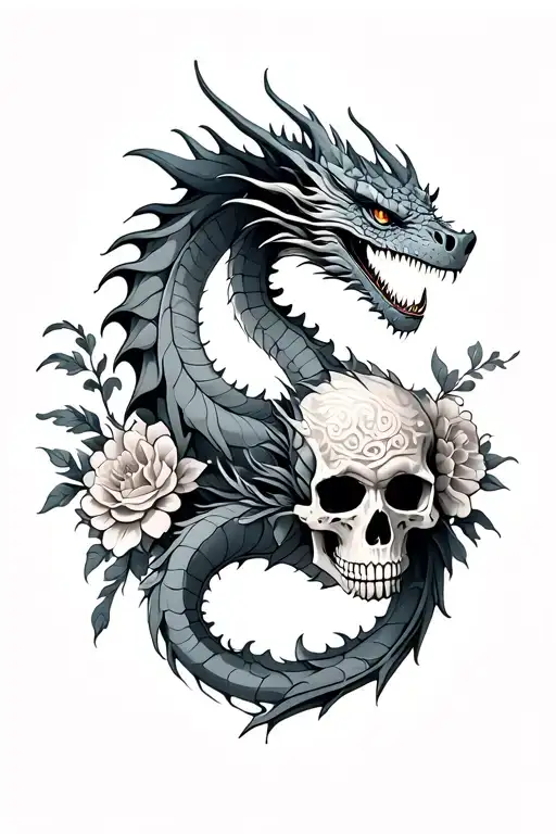 A Dragon Intertwined With Flowers And A Skull Soft Shading