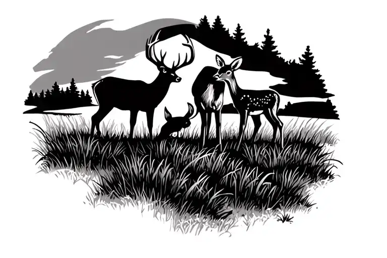 Buck Standing In Field With A Buten Buck And A Baby Doe