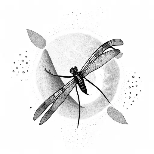 A Black-grey Tattoo Of A Serene Moonlit Beach With A Shimmering Dragonfly Hovering Above The Waves