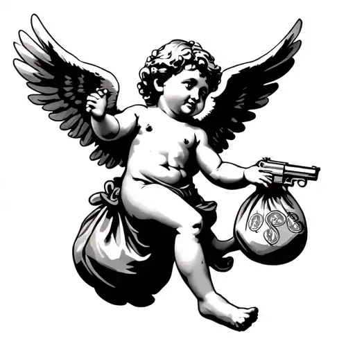 Black Cherub Flying In The Air With A Bag Of Money And A Pistol