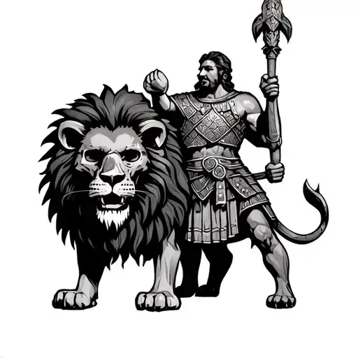 Lion With A Skull And A Gladiator Standing Triumphantly