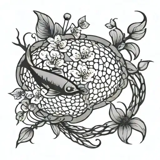 An Intricate Fishing Net Design With Cherry Blossom Accents