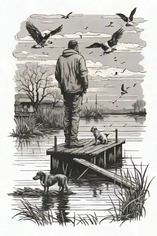 Man And Dog Standing On Pier Looking Out Into The Marsh With Ducks Flying Over