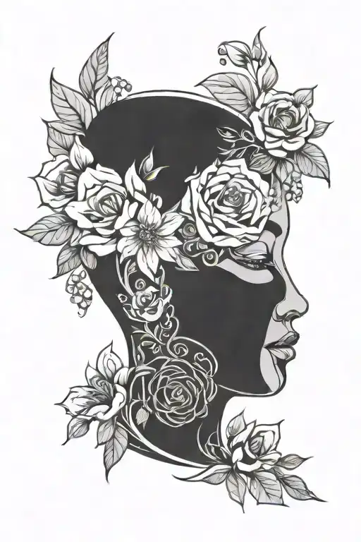 Abstract Face On Vase Filled With Flowers