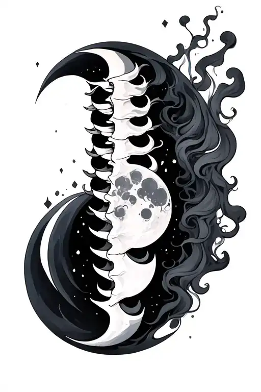 Moon Phases Spine Tattoo With Smoke