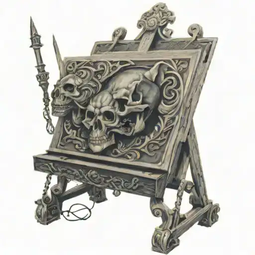 An Antique Art Easel Adorned With Tiger Skulls In Black-grey Style
