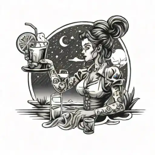 A Waitress Serving Drinks Under A Starry Night Sky At The Beach