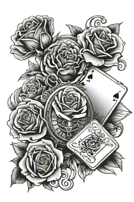 Royal Flush Hand Of Cards And A Carnation And A Pocket Watch And A Rose