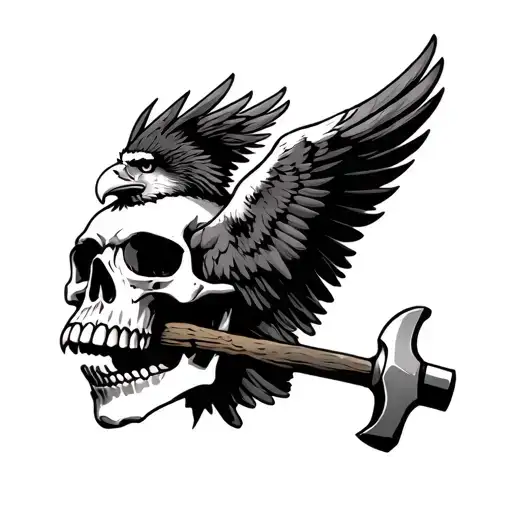Skull With Hammer In Mouth And Eagle On Top