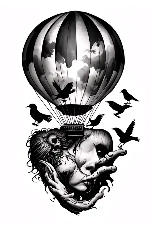 Female Zombie Sleeve Tattoo Featuring 5 Birds And A Hot Air Balloon