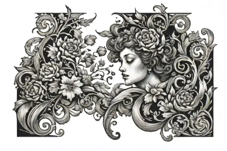 Incorporate Baroque Floral Motifs Into A Tattoo Design Of A Person Interacting With Nature