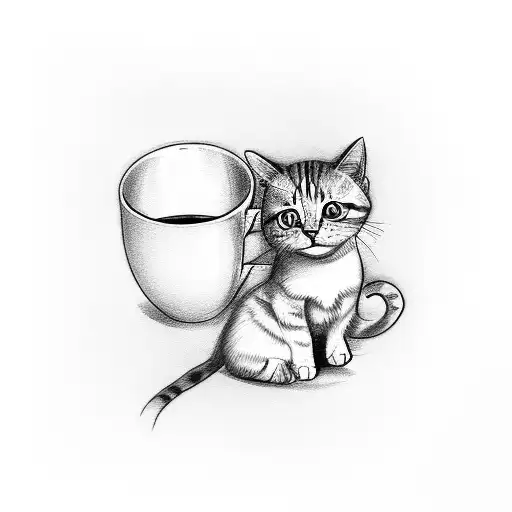 A Minimalist Sketch Of A Cat Sitting On A Coffee Mug With A Serene Sunset In The Background