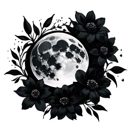 Black Moon Surrounded By Black Flowers