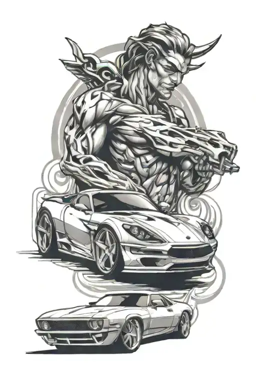 Design A Tattoo Showcasing A Sleek Sports Car Morphing Into A Powerful God-like Figure