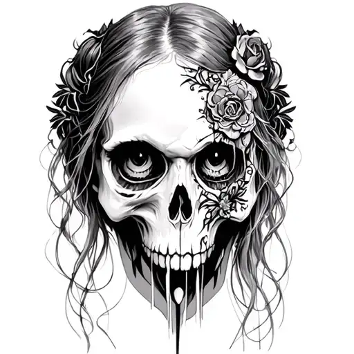 Goth Girl Face With Exposed Skull Tattoo On The Contours