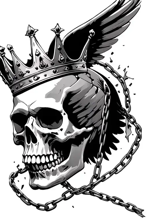 Skull Wearing Crown With Chains Breaking With Wings
