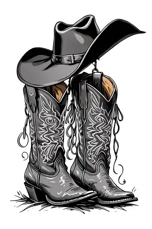 Cowboy Hat On Top Of Cowboy Boots Hanging