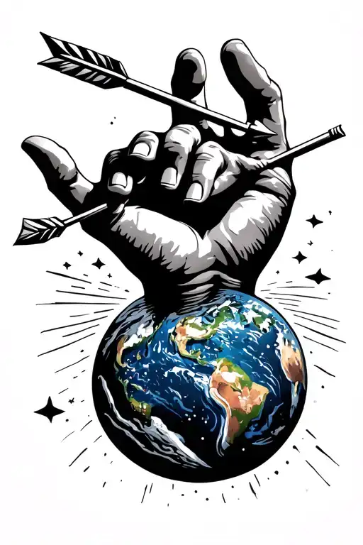 God's Hand With And Arrow To A Mam Floating Towards The Planet Earth With Syraight Lines