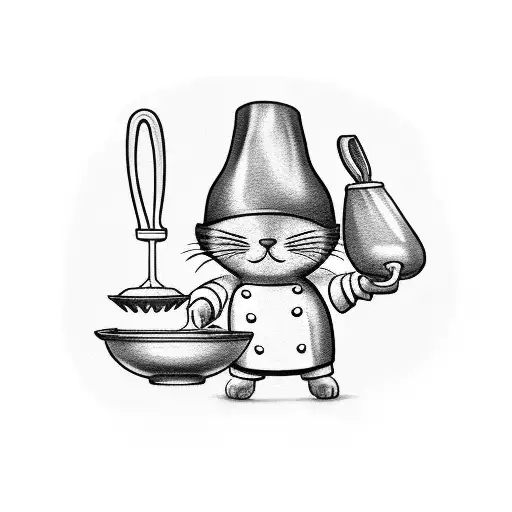 A Black-grey Tattoo Of A Baking Cat Wearing A Chef's Hat And Holding A Whisk