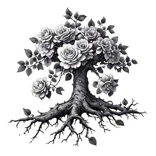 Rowan Tree With Roses Blooming From Roots