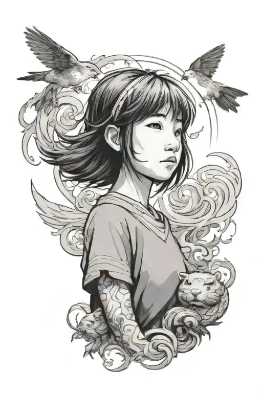 A Black-grey Portrait Tattoo Of Chihiro Looking Up At Haku In Awe And Wonder