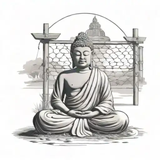 A Football Field With Goal Posts And A Meditating Buddha In The Center