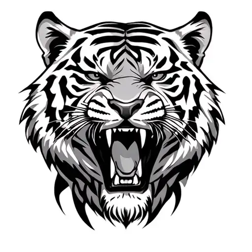 Angry Black And White Tiger Head