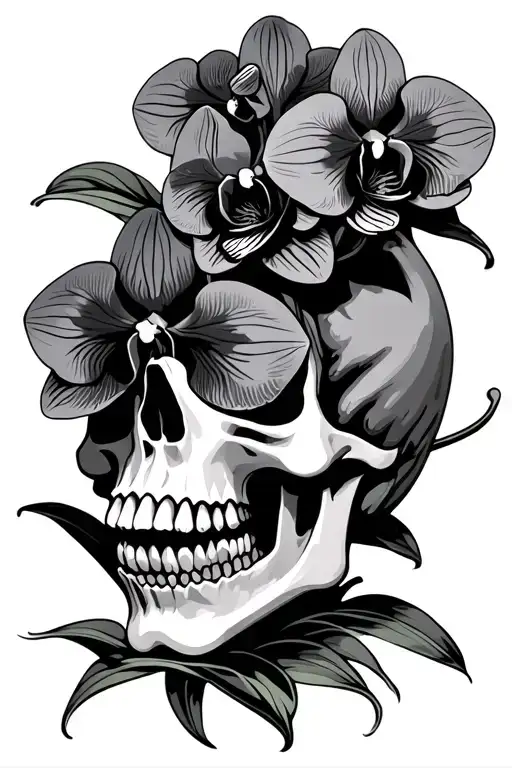 Head Skull With Three Orchids
