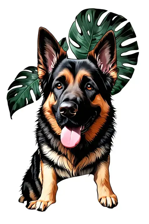 Monstera Leaf And German Shepherd Dog