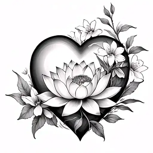 Heart With Lotus Flower And Iris Flower And Cherry Blossoms