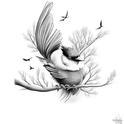 A Black And Grey Tattoo Of A Singing Bird Perched On A Branch In Eastwood Lake Park