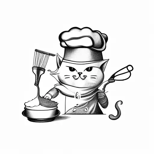 A Black-grey Tattoo Of A Baking Cat Wearing A Chef's Hat And Holding A Whisk