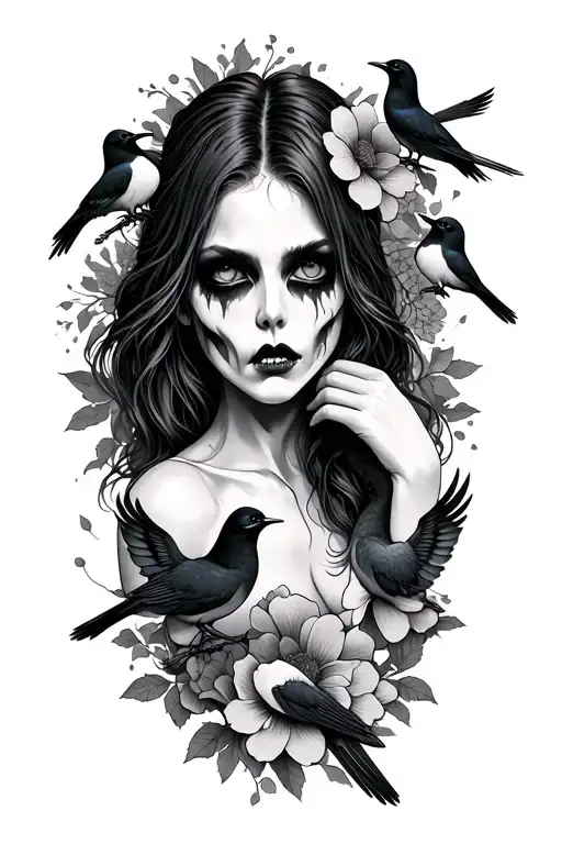 Female Zombie Sleeve Tattoo Featuring 5 Birds And Flowers