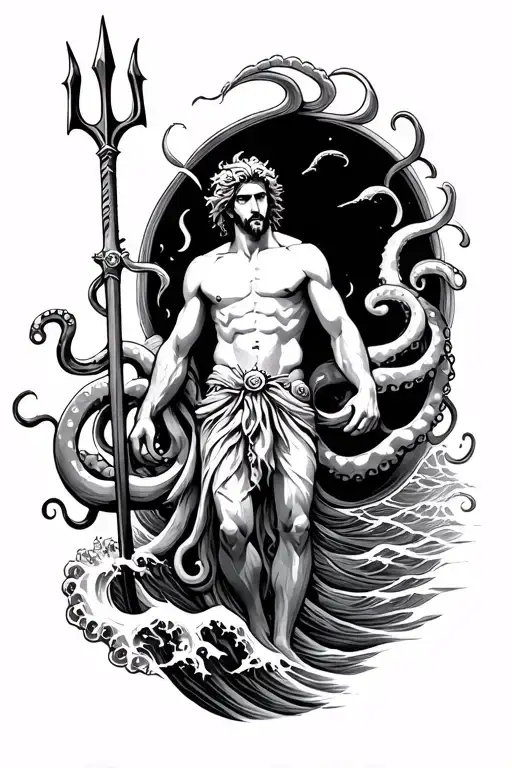Poseidon With Trident And Octopus Legs On Waves Crashing In The Background